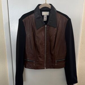 Cache Two-Tone Leather Jacket with Zippered Front
